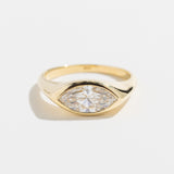 EAST WEST MARQUISE LAB DIAMOND SIGNET ENGAGEMENT RING