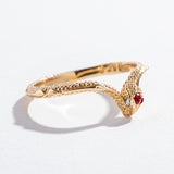 SNAKE CHEVRON RING | 14K GOLD, RUBY & WHITE DIAMONDS