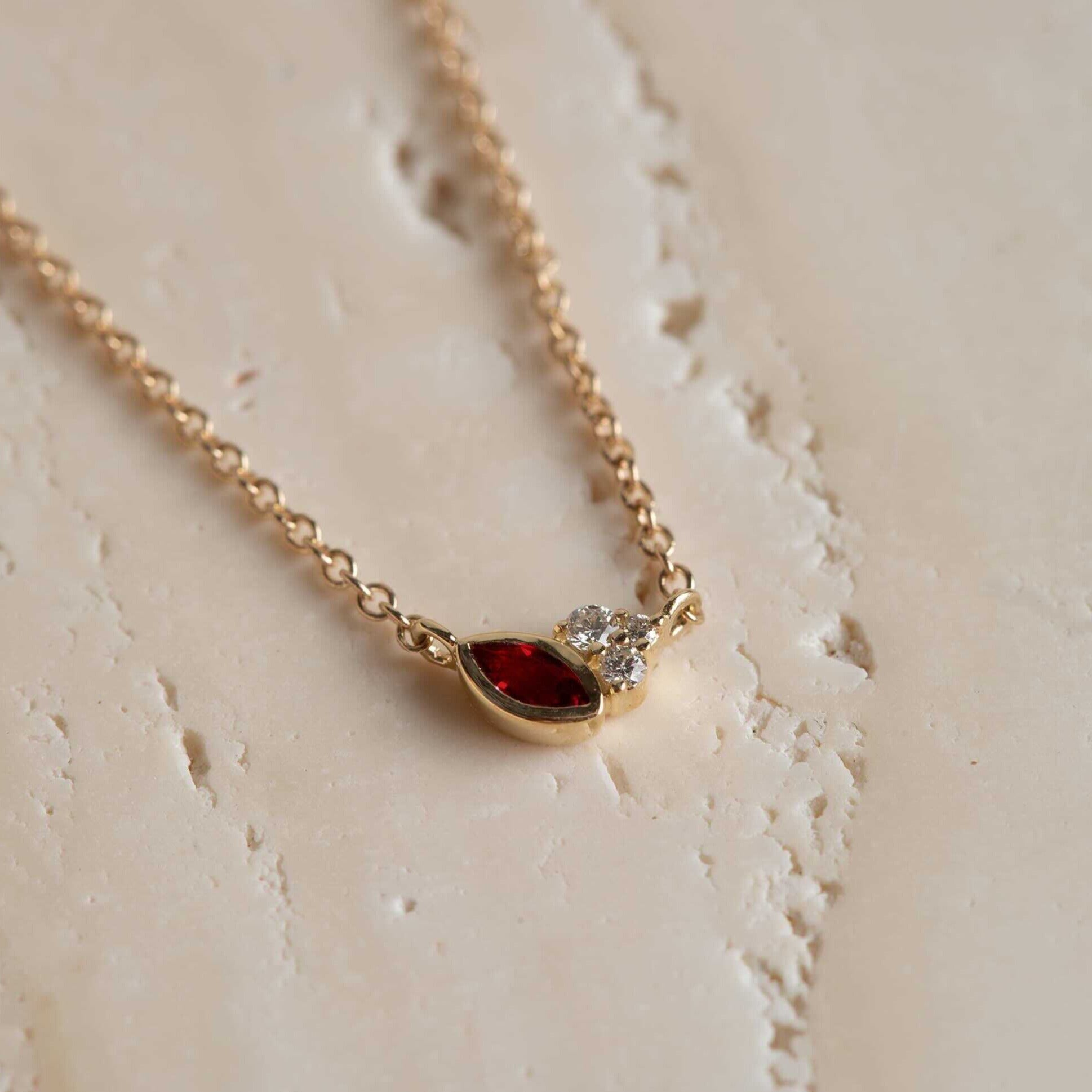 GARNET CLUSTER NECKLACE 14K GOLD WHITE DIAMOND - Main Image