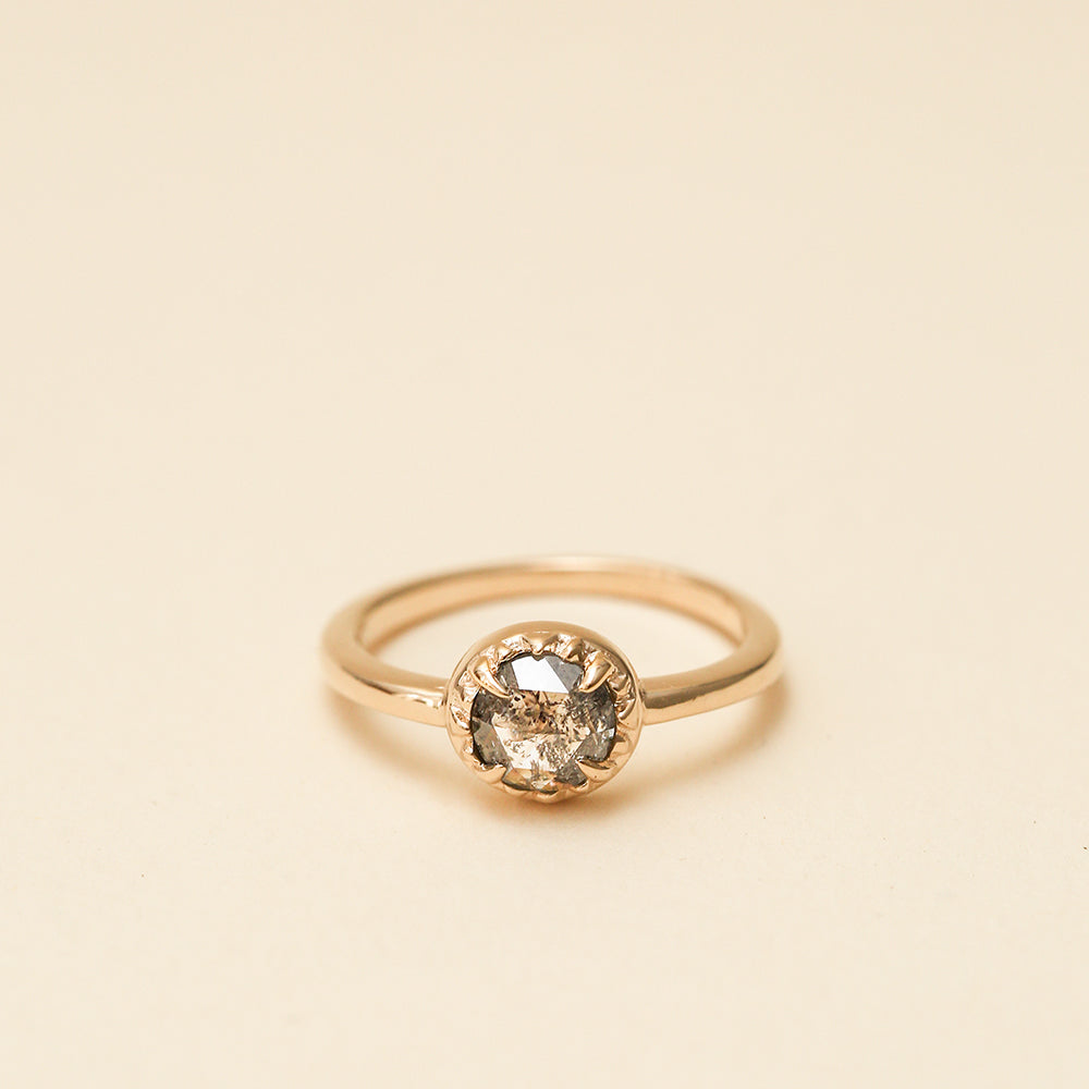 Angela Monaco Jewelry philadelphia matrix halo engagement ring 14k yellow gold salt and pepper diamond