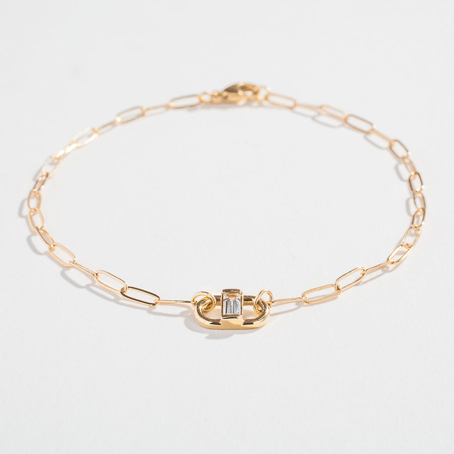 PAPERCLIP BRACELET WITH ACCENTED BAGUETTE | 14K GOLD AND WHITE SAPPHIRE