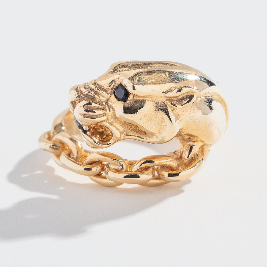 VINTAGE PANTHER IN CHAINS RING | 14K GOLD & ONYX