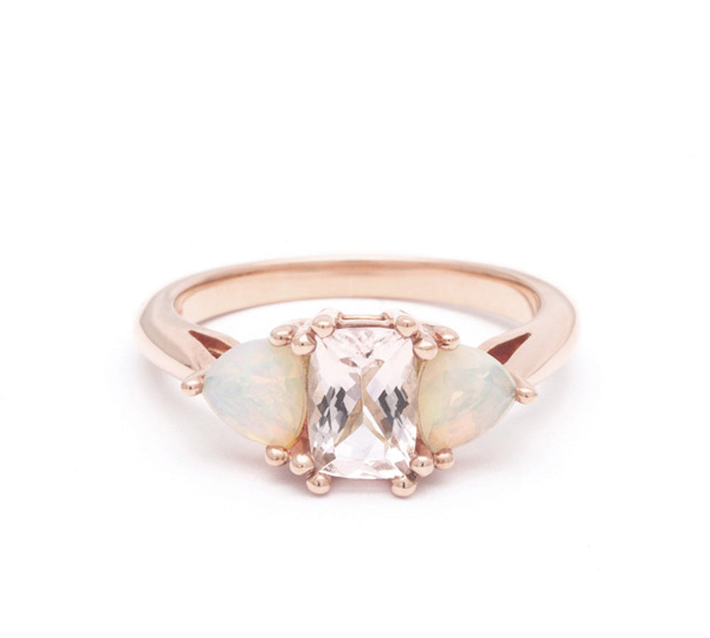 THREE STONE ENCHANTMENT ENGAGEMENT RING | 14K GOLD | MORGANITE & OPAL