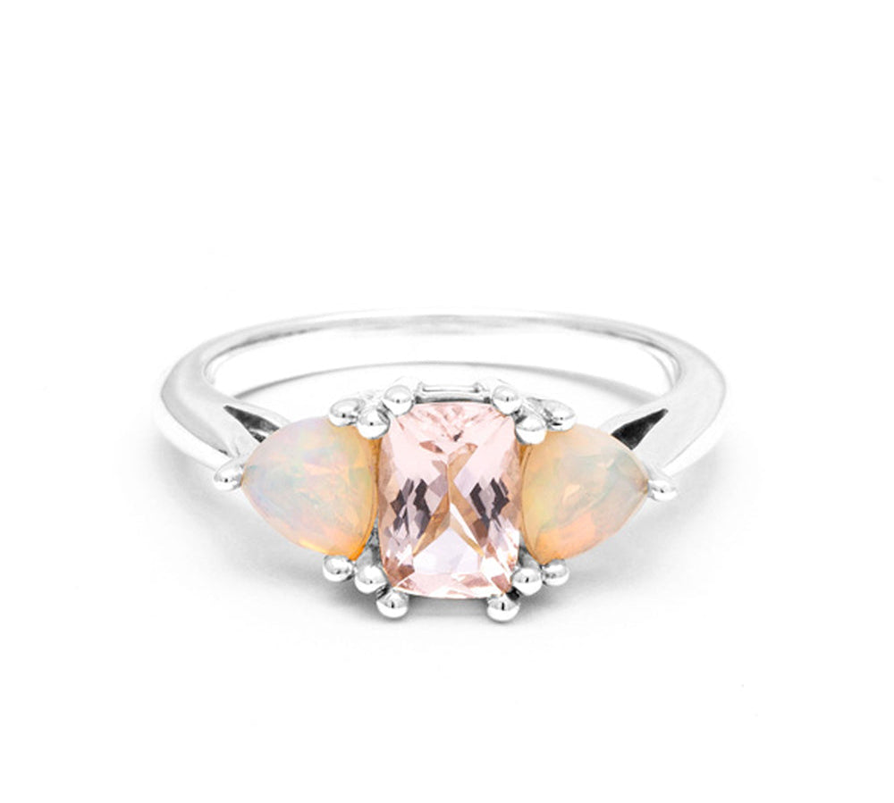 THREE STONE ENCHANTMENT ENGAGEMENT RING | 14K GOLD | MORGANITE & OPAL