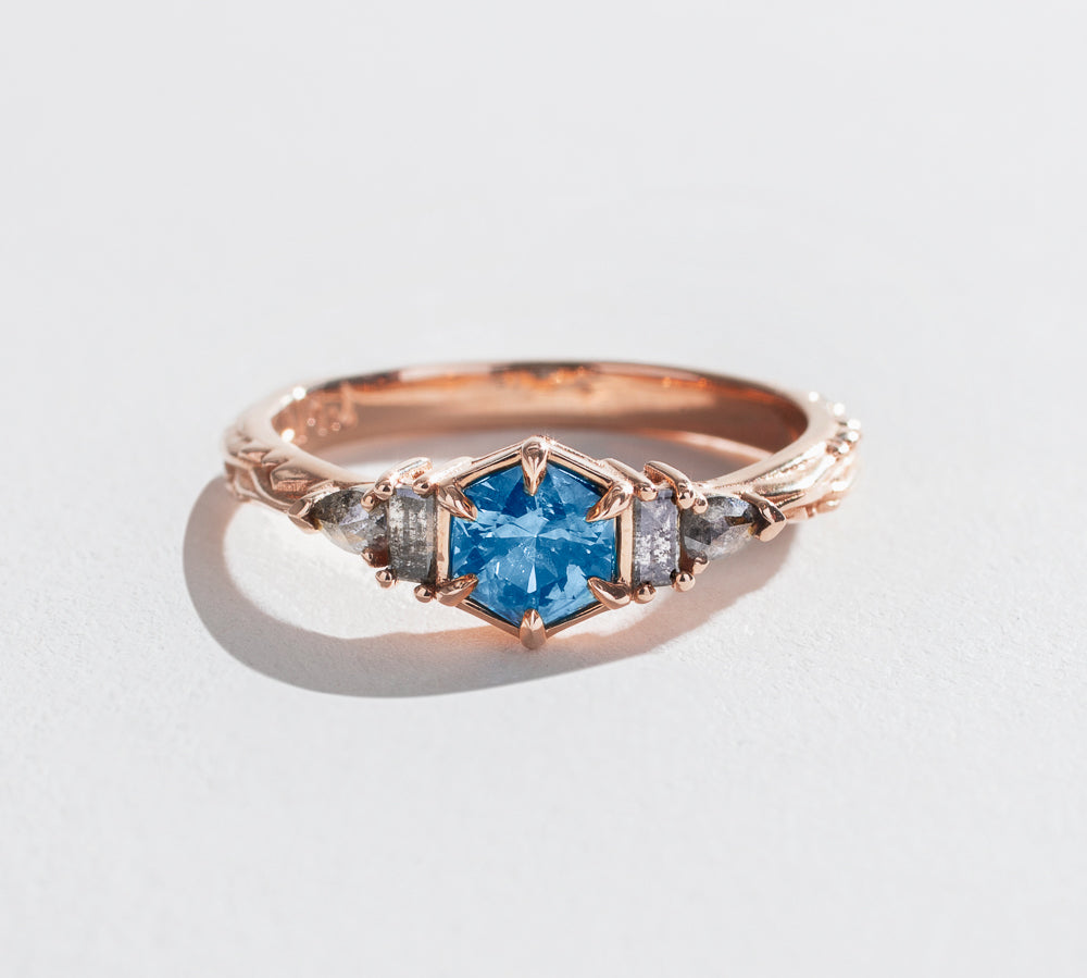 MYSTIC LAKE RING | 14K GOLD | SAPPHIRE & SALT AND PEPPER DIAMOND