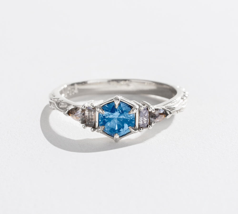 MYSTIC LAKE RING | 14K GOLD | SAPPHIRE & SALT AND PEPPER DIAMOND