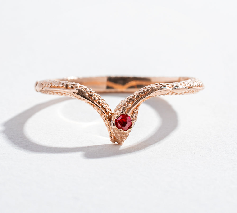 SNAKE CHEVRON RING | 14K GOLD, RUBY & WHITE DIAMONDS
