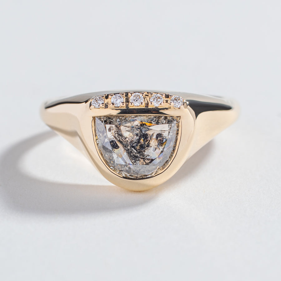 one of a kind engagement ring with half moon shape salt and pepper diamond in yellow gold by angela monaco jewelry philadelphia jeweler