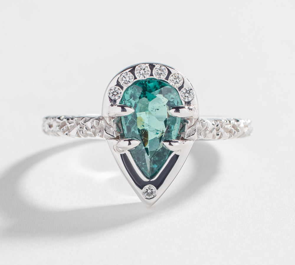 one of a kind engagement ring in teal sapphire blue green with diamond pear shape by angela monaco jewelry