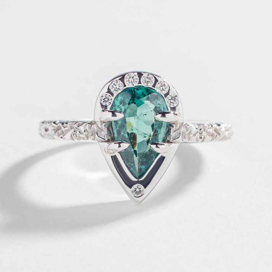 one of a kind engagement ring in teal sapphire blue green with diamond pear shape by angela monaco jewelry
