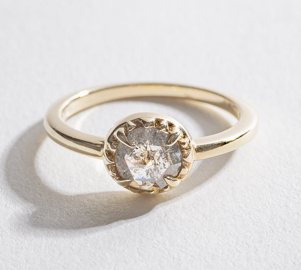 Angela Monaco Jewelry philadelphia matrix halo engagement ring 14k yellow gold salt and pepper diamond