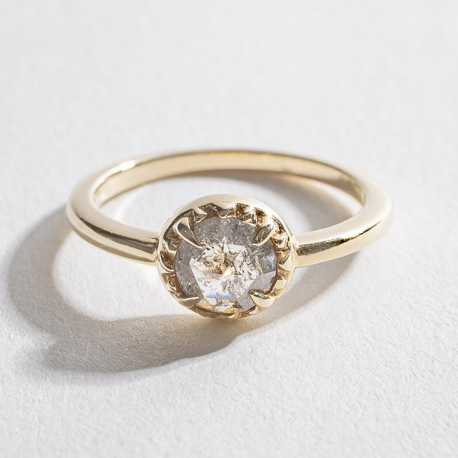 Angela Monaco Jewelry philadelphia matrix halo engagement ring 14k yellow gold salt and pepper diamond