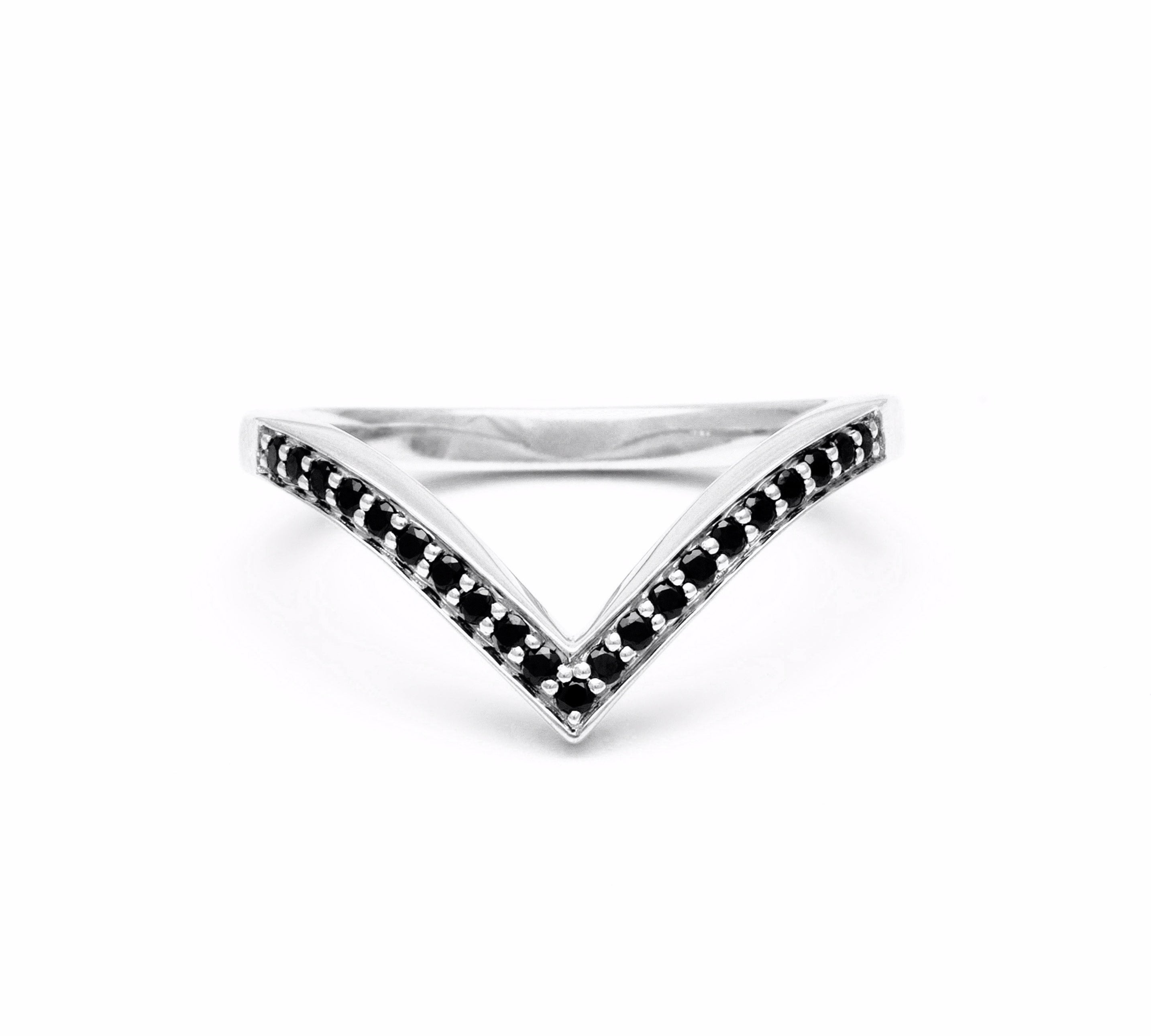 PAVE CHEVRON STACKING RING | SILVER & BLACK DIAMOND - AngelaMonacojewelry