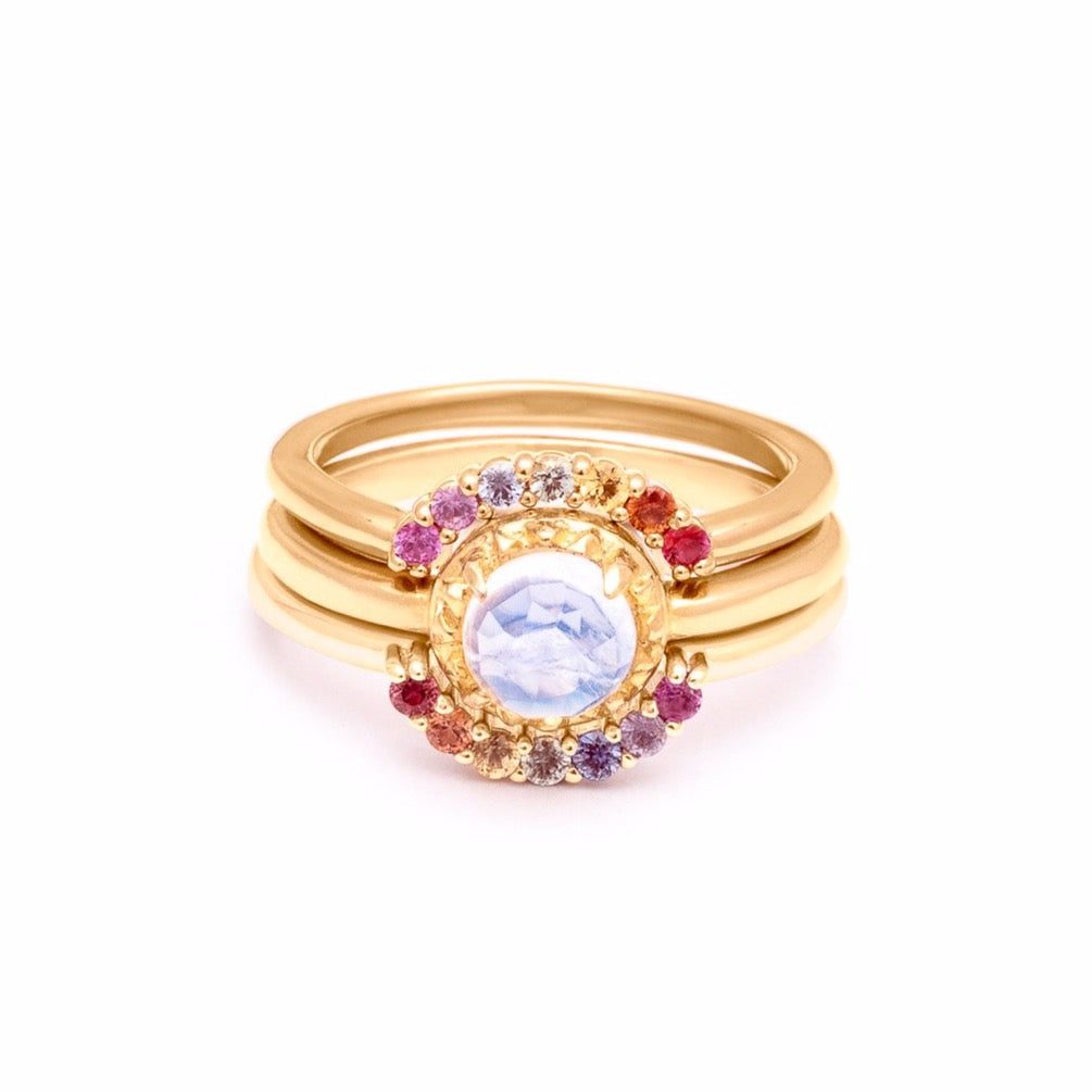 MATRIX HALO RAINBOW UNION (NO. 1) | 14k GOLD & MOONSTONE |  RAINBOW SAPPHIRES - AngelaMonacojewelry