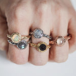 angela monaco jewelry philadelphia jeweler matrix halo bezel engagement ring 14K yelllow gold rose cut opal