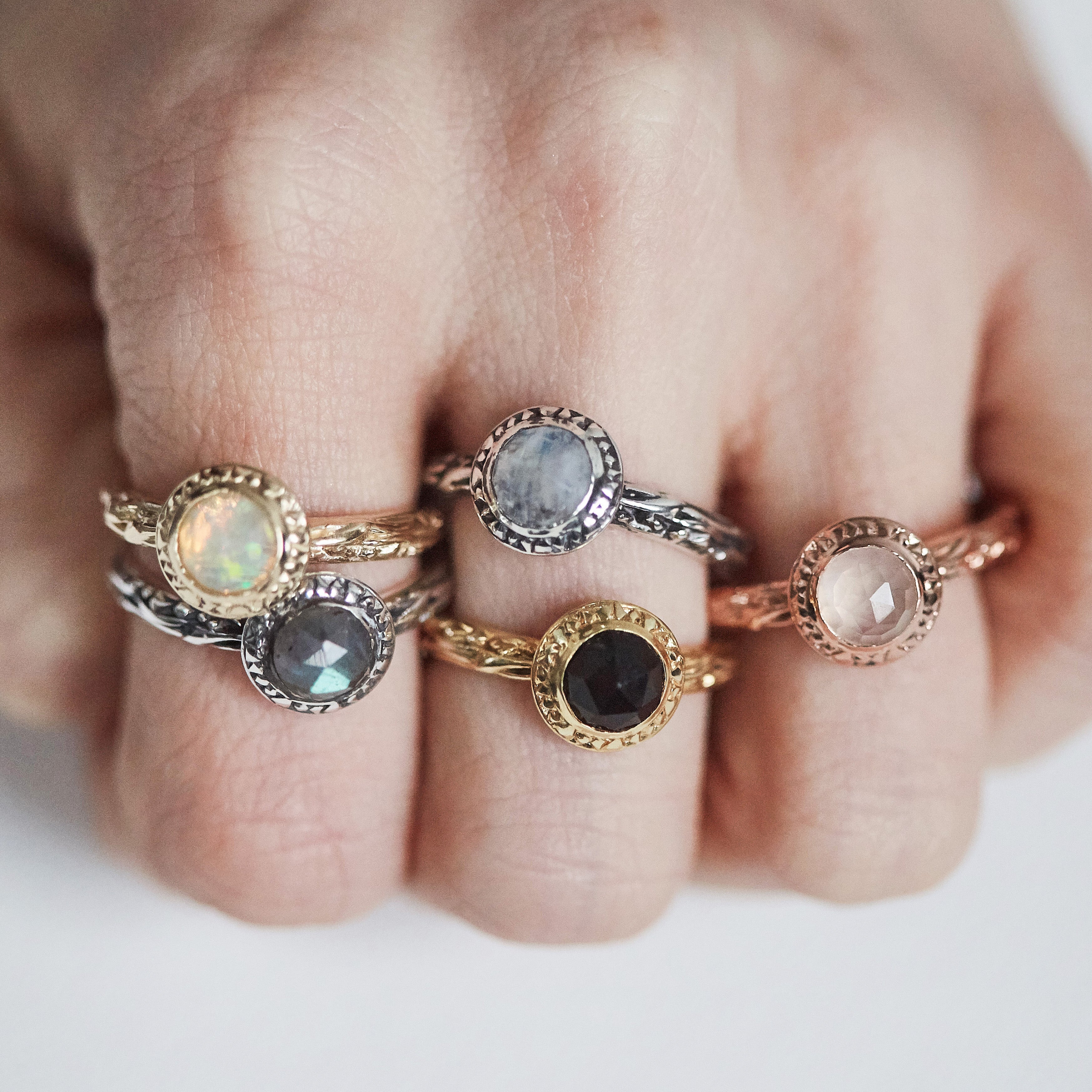 angela monaco jewelry philadelphia jeweler matrix halo bezel engagement ring 14K yelllow gold rose cut opal