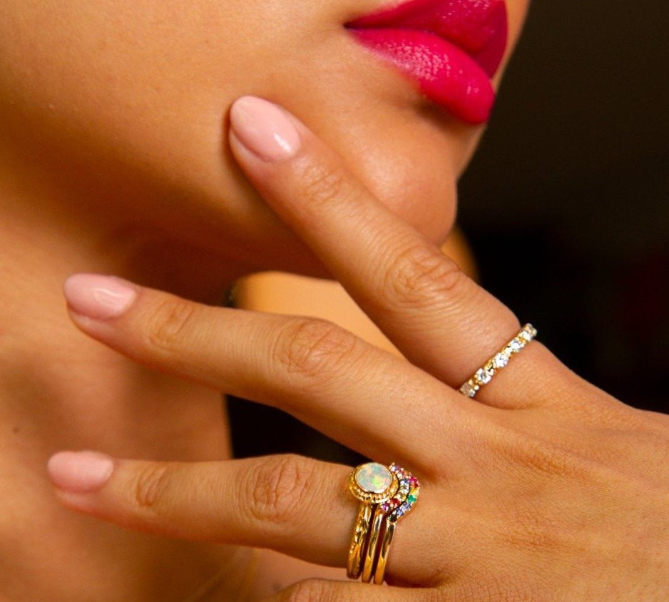 angela monaco jewelry philadelphia jeweler matrix halo bezel engagement ring 14K yelllow gold rose cut opal