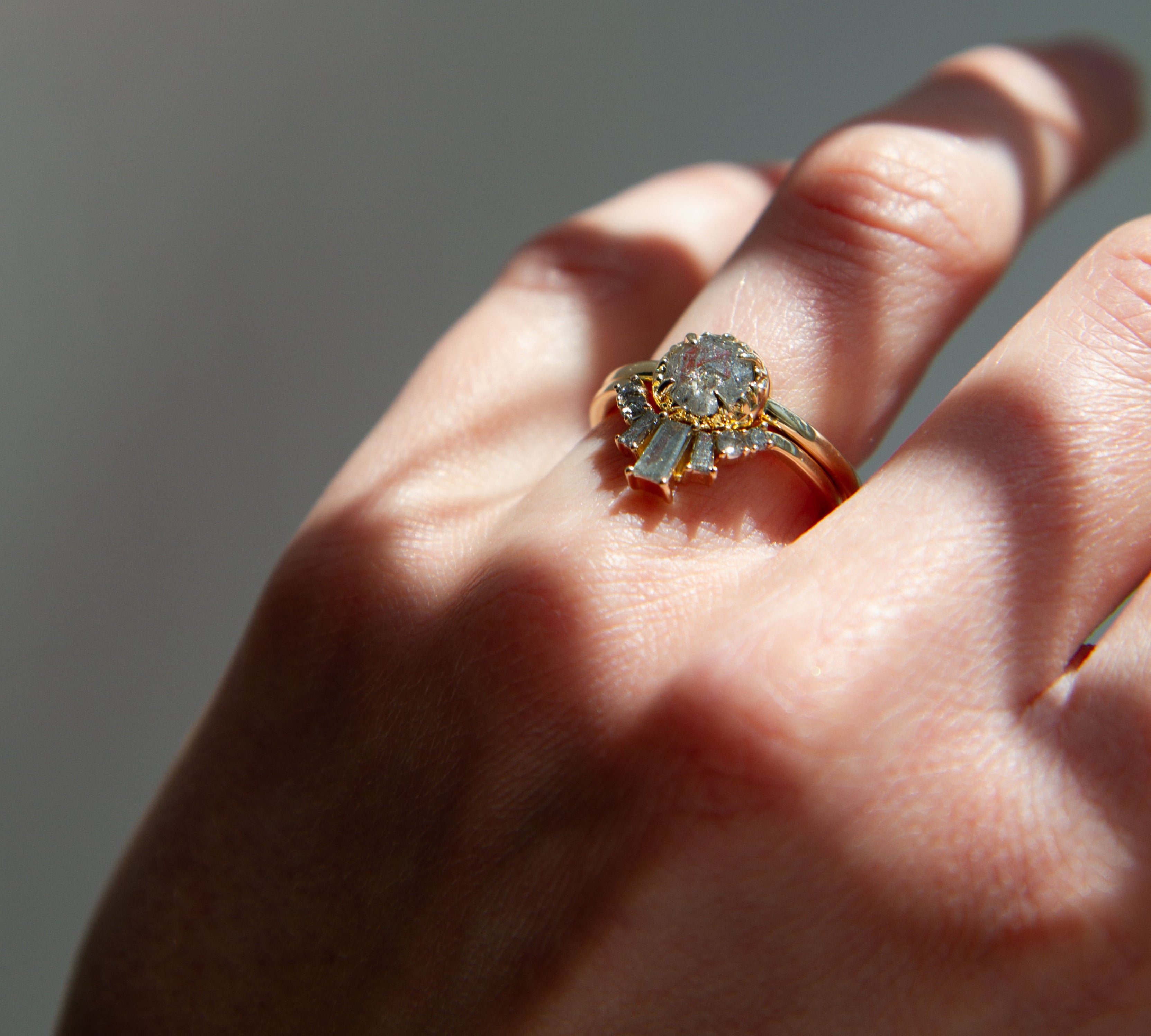 angela monaco jewelry philadelphia jeweler matrix halo engagement ring 14K yellow gold salt and pepper diamond