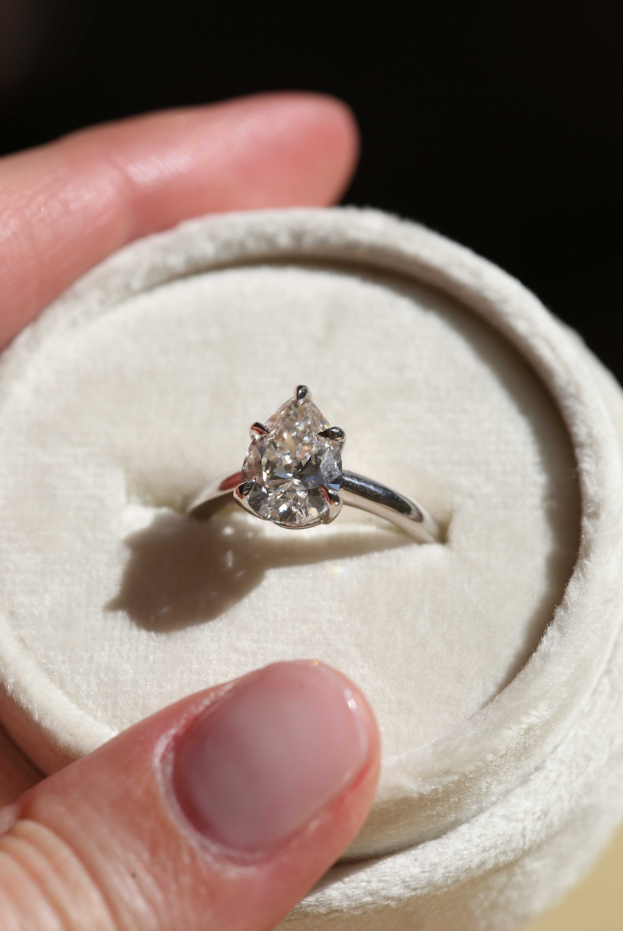 Angela Monaco Jewelry Philadelphia pear solitaire w4k white gold and lab created 2 carat diamond