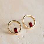Angela Monaco Jewelry Philadelphia 14k yellow gold and garnet baguettes circle studs