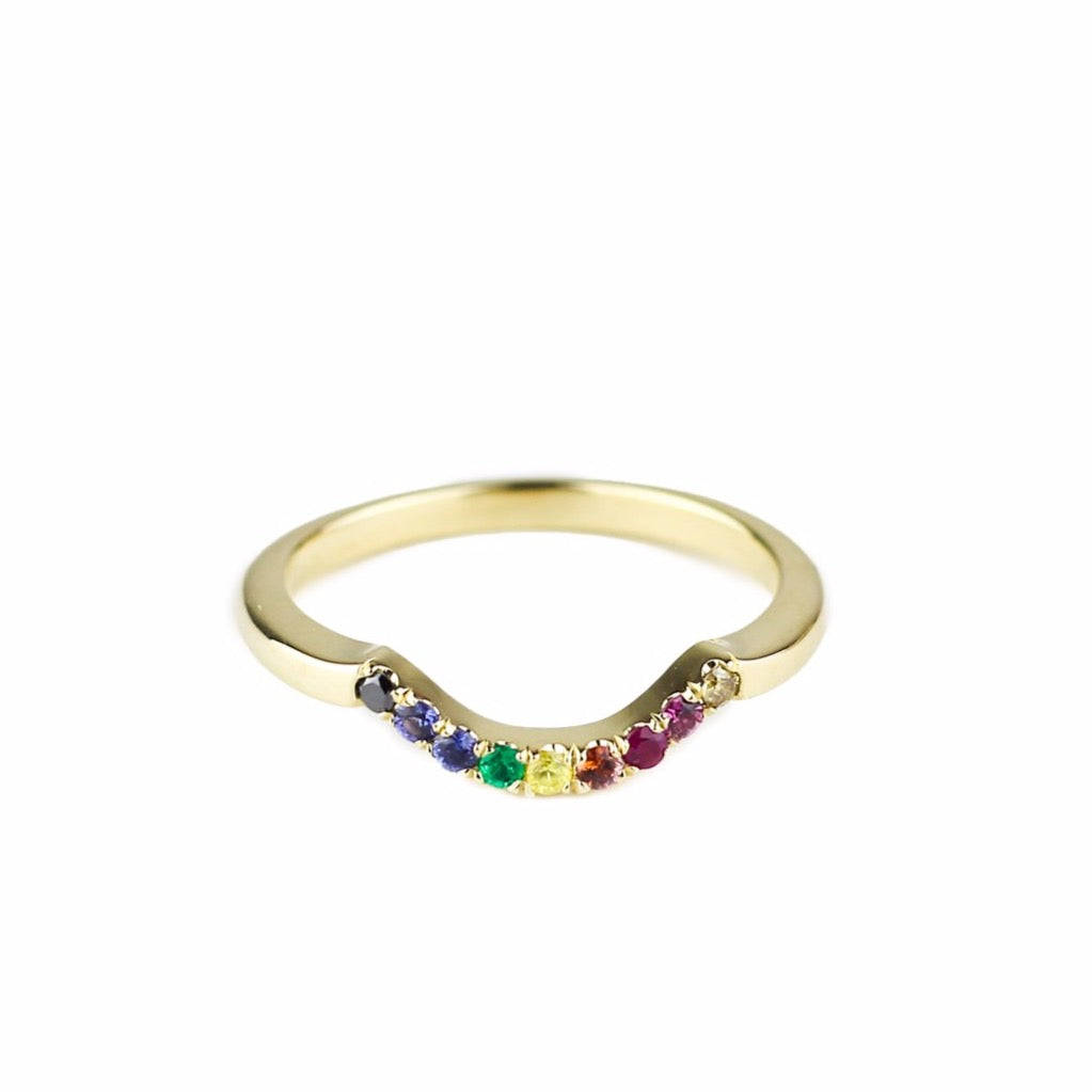 angela monaco jewelry full rainbow contour band 14K yellow gold rainbow sapphires black diamond chocolate diamond pride flag ring