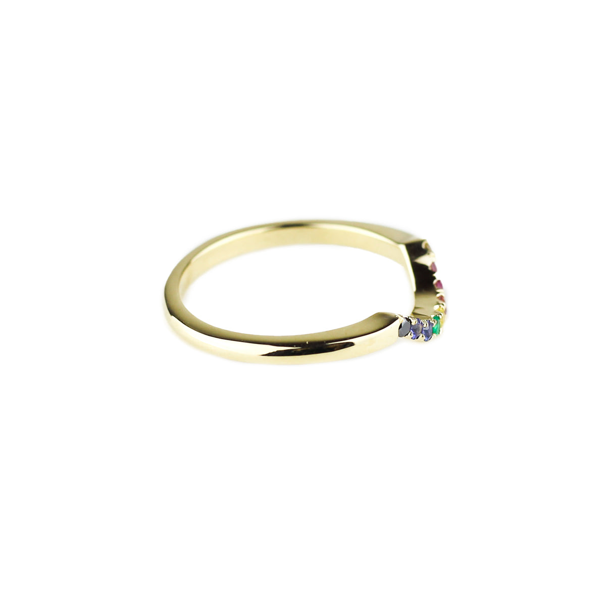 angela monaco jewelry full rainbow contour band 14K yellow gold rainbow sapphires black diamond chocolate diamond pride flag ring