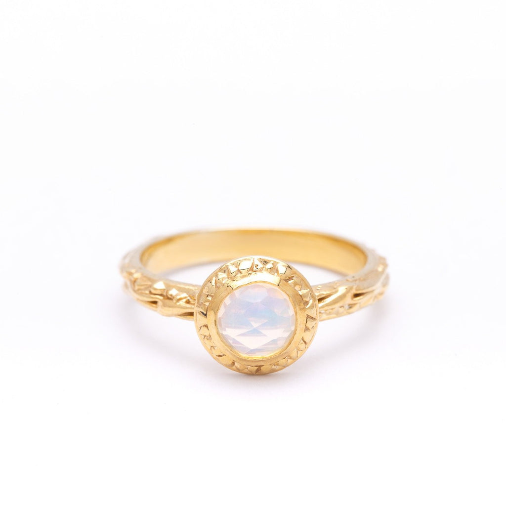 angela monaco jewelry philadelphia jeweler matrix halo bezel engagement ring 14K yelllow gold rose cut opal