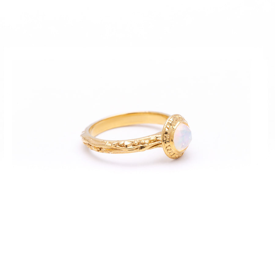 angela monaco jewelry philadelphia jeweler matrix halo bezel engagement ring 14K yelllow gold rose cut opal