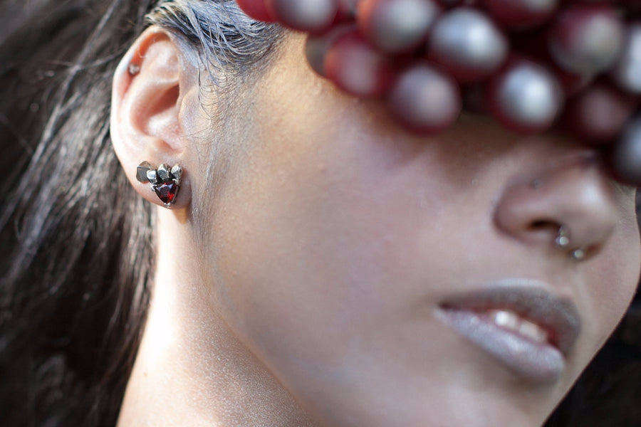 FEATHER SPEAR EARRINGS | SILVER & GARNET - AngelaMonacojewelry