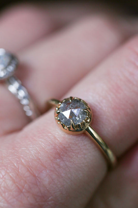 Angela Monaco Jewelry philadelphia matrix halo engagement ring 14k yellow gold salt and pepper diamond