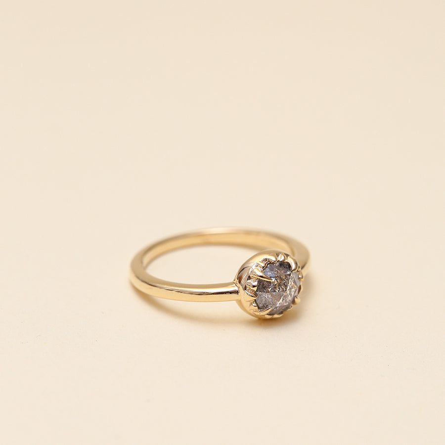 Angela Monaco Jewelry philadelphia matrix halo engagement ring 14k yellow gold salt and pepper diamond