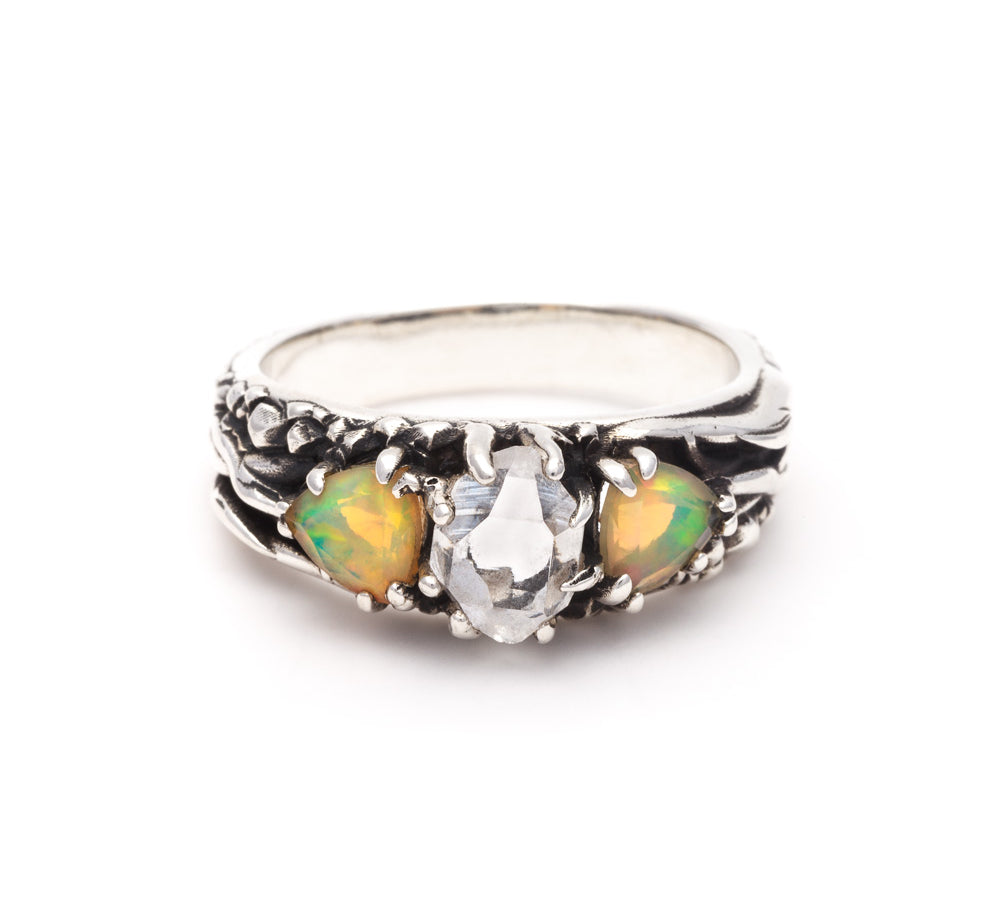 TRI-REALM MATRIX RING | SILVER, HERKIMER, & OPAL - AngelaMonacojewelry