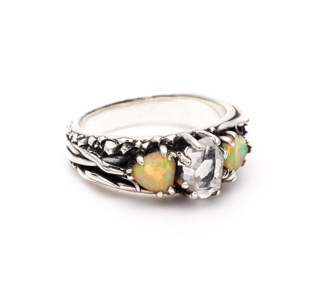 TRI-REALM MATRIX RING | SILVER, HERKIMER, & OPAL - AngelaMonacojewelry