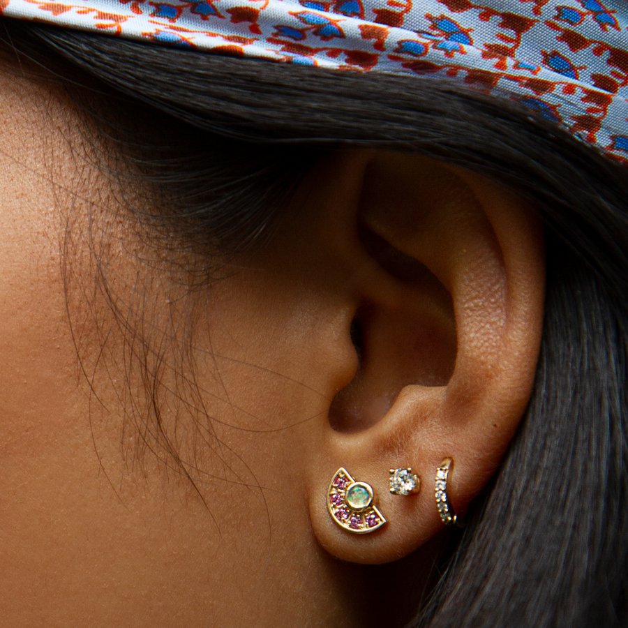 angela monaco jewelry philadelphia jeweler pavé huggie hoop earrings 14K yellow gold white diamonds